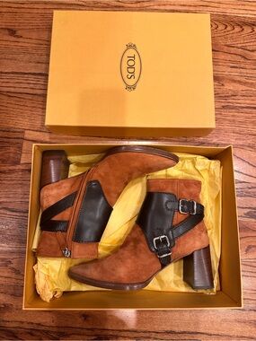 Tod's Brown Suede and Black Leather Buckle Ankle Boots